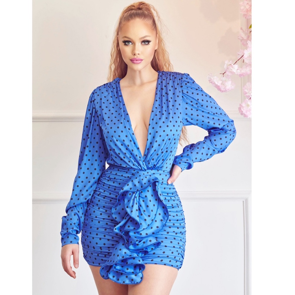 Elegant Blue Polka Dot Mini Dress
